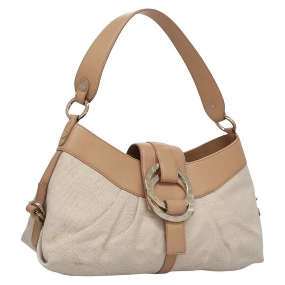 BVLGARI Chandra Shoulder Bag Canvas Beige Auth